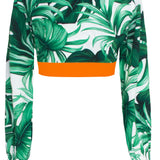 Jungle - Monstera White / Green Crop Top (Neon Orange)