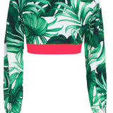 Jungle - Monstera White / Green Crop Top (Neon Coral)