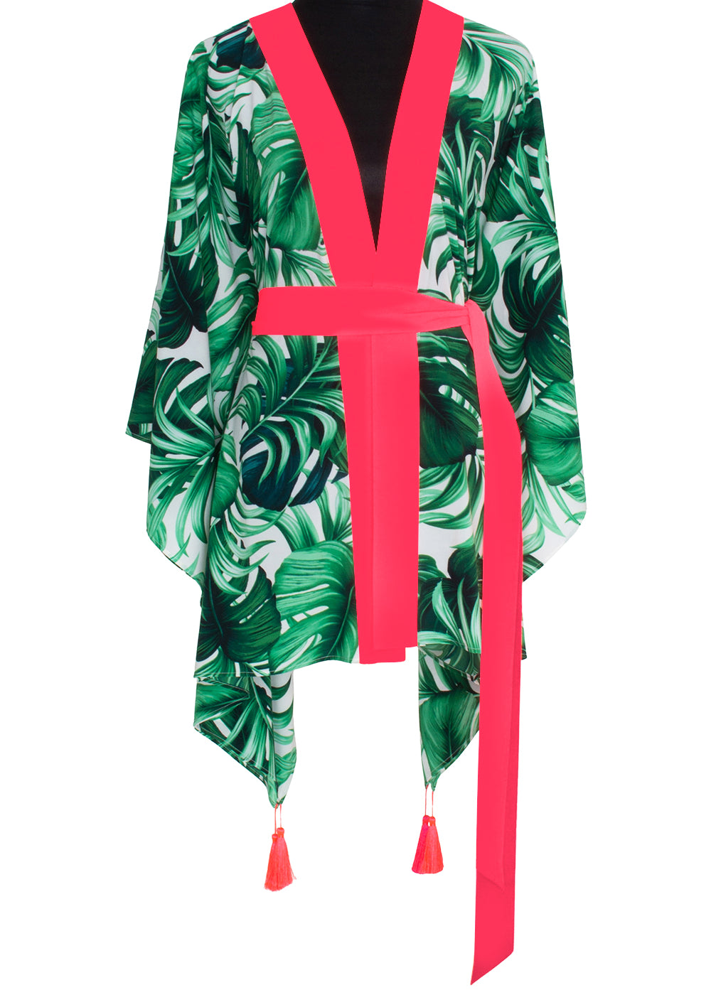 Jungle - Monstera White / Green Kimono (Neon Coral)