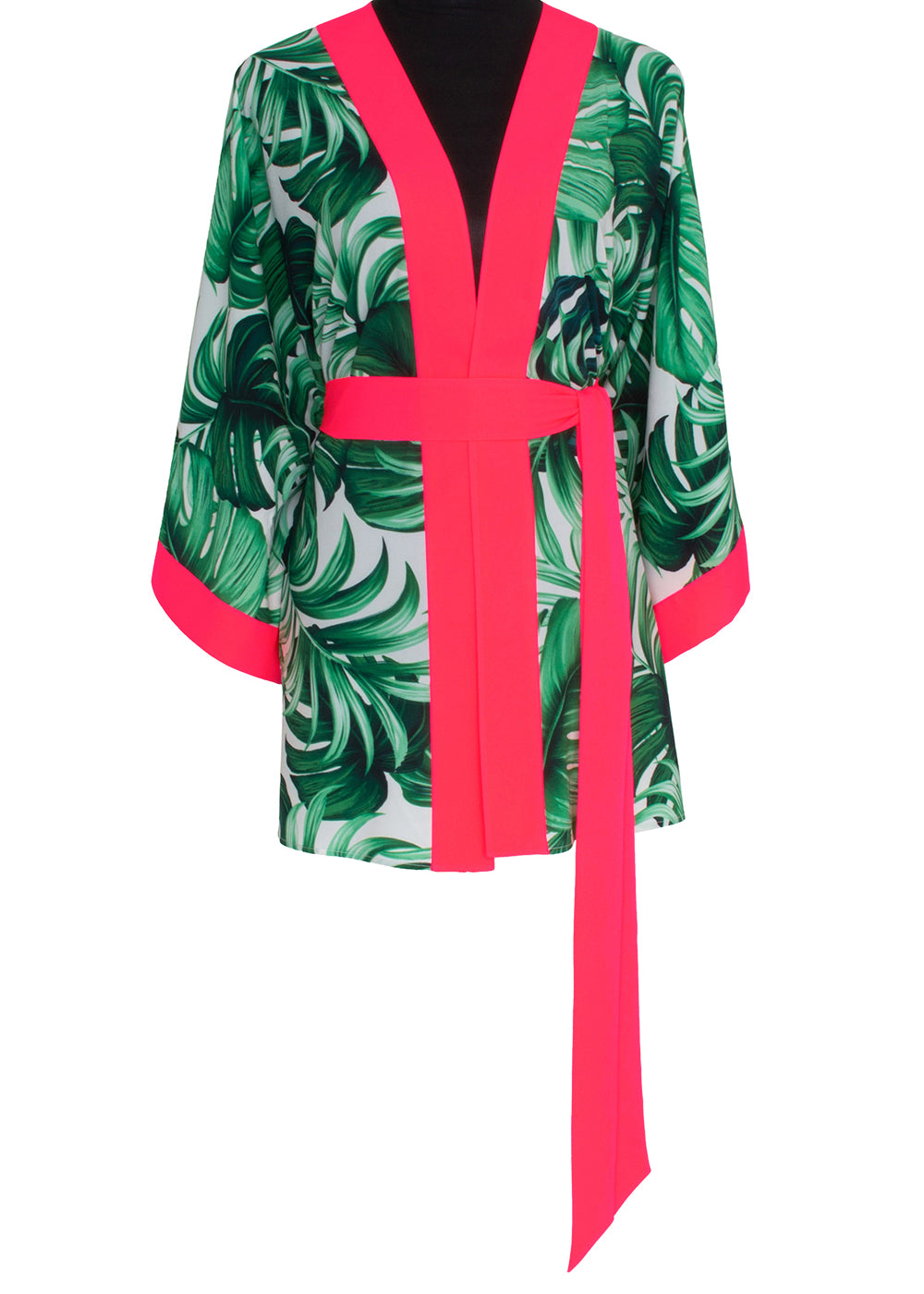 Jungle - Monstera White / Green Kimono (Neon Coral)