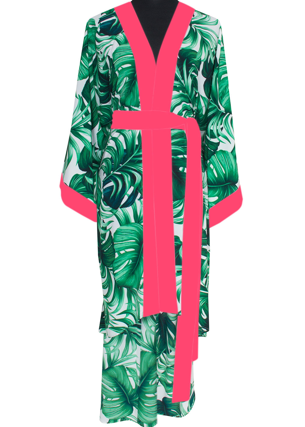 Jungle - Monstera White / Green Kimono (Neon Coral)