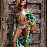 Jungle - Monstera White / Green Kimono (Neon Orange)