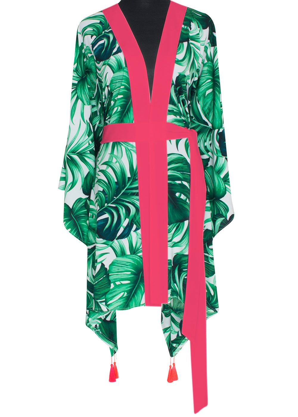 Jungle - Monstera White / Green Kimono (Neon Coral)