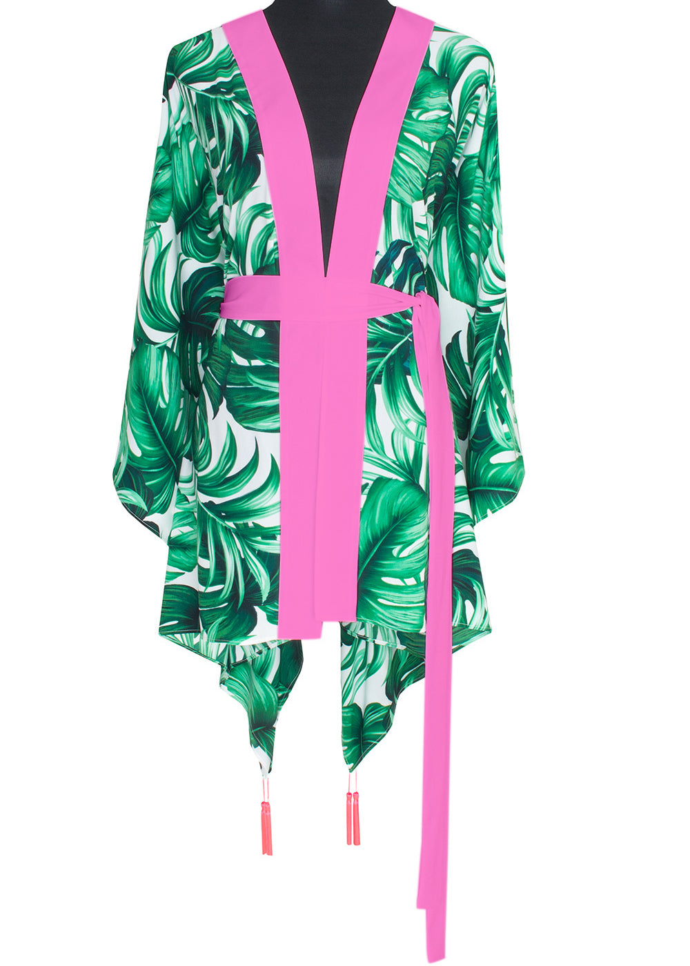 Jungle - Monstera White / Green Kimono (Neon Pink)