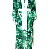 Jungle – Monstera White / Green Maxi Split Kaftan (Off-White)